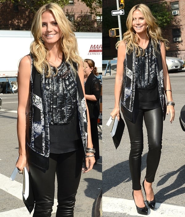Heidi Klum in leather pants at the BCBG MAX Azria fashion show in New York City
