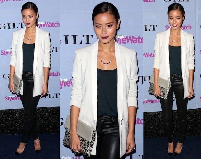 Jamie Chung at the People StyleWatch Denim Awards on September 19, 2013, wearing Manolo Blahnik Pacha Clear PVC-patent pumps and Citizens of Humanity Black Rocket high-rise skinny jeans in coated leatherette denim