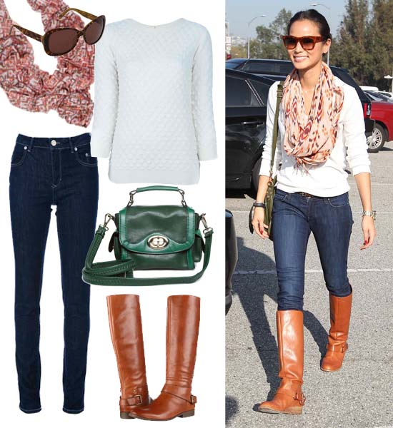 The ensemble features Nine West Tiptop boots in cognac leather, Siviglia skinny jeans, a Hoss Intropia feather knit sweater, a Bindaya printed modal-gauze scarf, a ShoeDazzle Manti bag, and Fossil Audrey large tortoise sunglasses