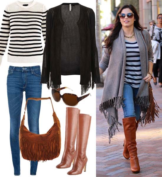 The outfit comprises Nine West 'Aggy' knee-high cognac boots, Acne skinny jeans, a Theory striped sweater, a Topshop knitted fringe cardigan, a gunmetal studded fringed shoulder bag, and Roxy Sienna tortoise sunglasses