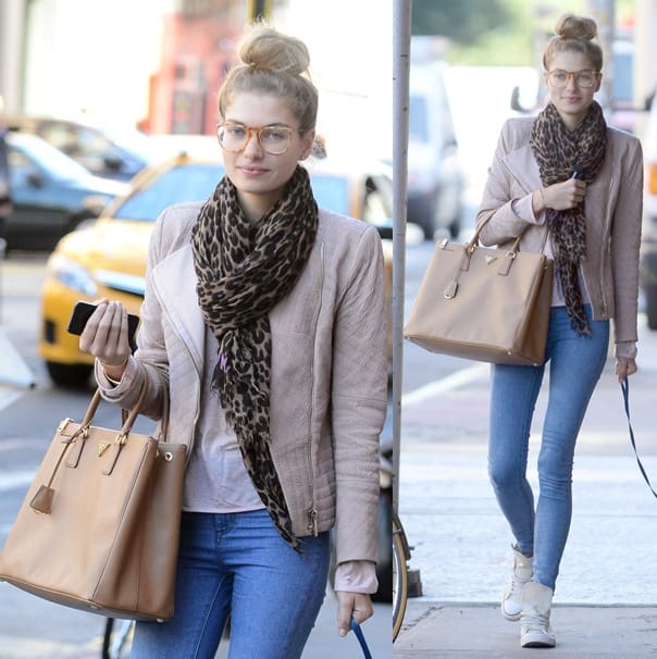 Jessica Hart walks her dog in New York City while decked in a leopard print scarf and nerdy eyeglasses on September 17, 2013