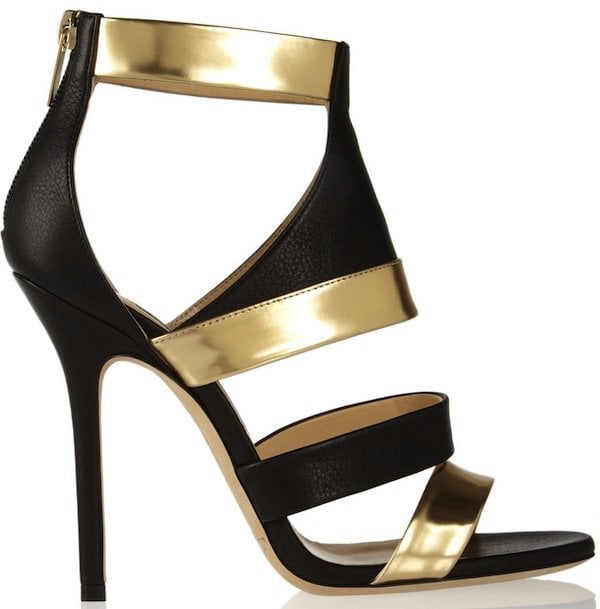 Jimmy Choo Black-and-Gold Besso Textured and Mirrored-Leather Sandals