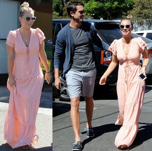 Kaley Cuoco going for bohemian chic in a peach maxi dress