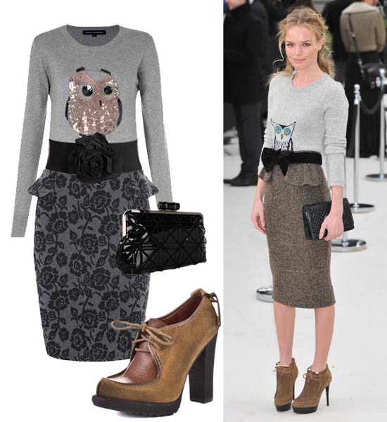 The outfit consists of Luxury Rebel Paula booties in cognac, a French Connection Lady Owl sequin knit sweater, a Dorothy Perkins grey lace print peplum skirt, a Natasha Couture flower stretch belt, and a Big Buddha Brie black clutch