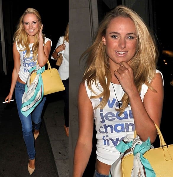 Kimberley Garner rocks a casual outfit with a scarf on her bag as enters May Fair Club in London on September 3, 2013