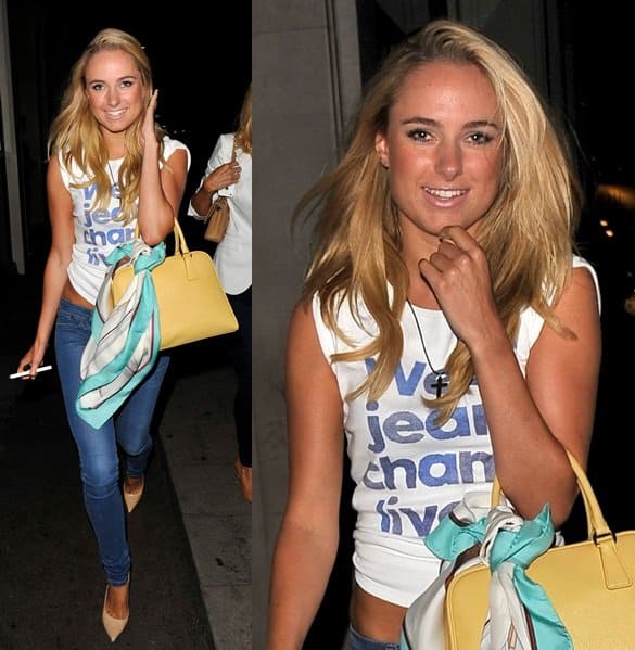 Kimberley Garner rocks a casual outfit with a scarf on her bag as she enters May Fair Club in London on September 3, 2013