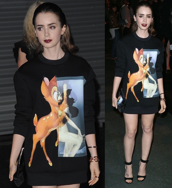 Lily Collins showcases a sleek hairstyle at the Givenchy Spring/Summer 2014 fashion show during Paris Fashion Week on September 29, 2013