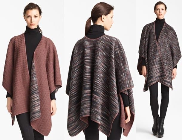 An oversized wrap bathes the figure in texture and warmth in an expertly crafted style that reverses from dégradé stripes to a neutrally hued wavy knit pattern