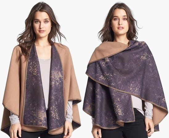 A color-rinsed print styles one side of a finely crafted, reversible ruana.