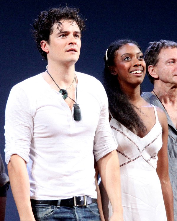 Orlando Bloom with Condola Rashad at the curtain call for the opening night of David Leveaux' Romeo and Juliet at Richard Rodgers Theatre