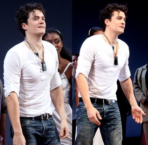 Orlando Bloom as a casual and rugged Romeo in torn jeans, white shirts, and edgy, exotic necklaces