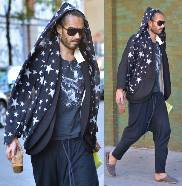 Russell Brand exits a coffee shop in Manhattan wearing harem pants, a double-layered jacket, and a star-printed snood, in New York City on September 18, 2013