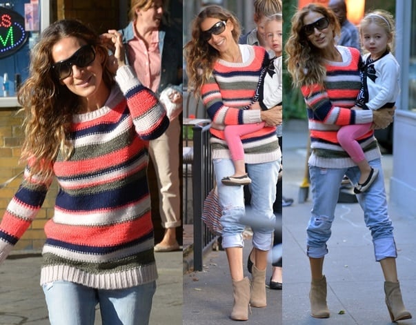 Sarah Jessica Parker in scrunched jeans and a striped sweater paired with ankle boots