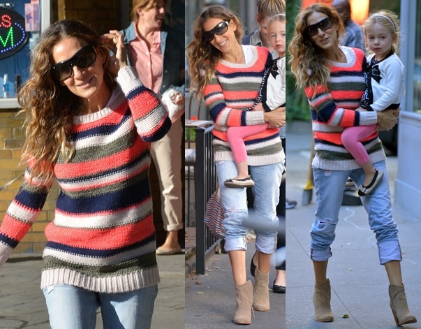 Sarah Jessica Parker in scrunched jeans and a striped sweater paired with ankle boots