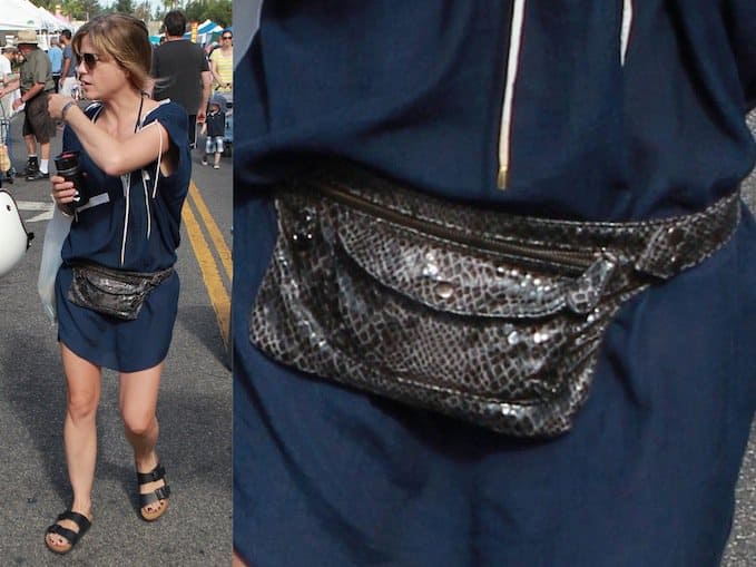 Selma Blair opts for a convenient snakeskin belt bag while juggling shopping and parenting duties