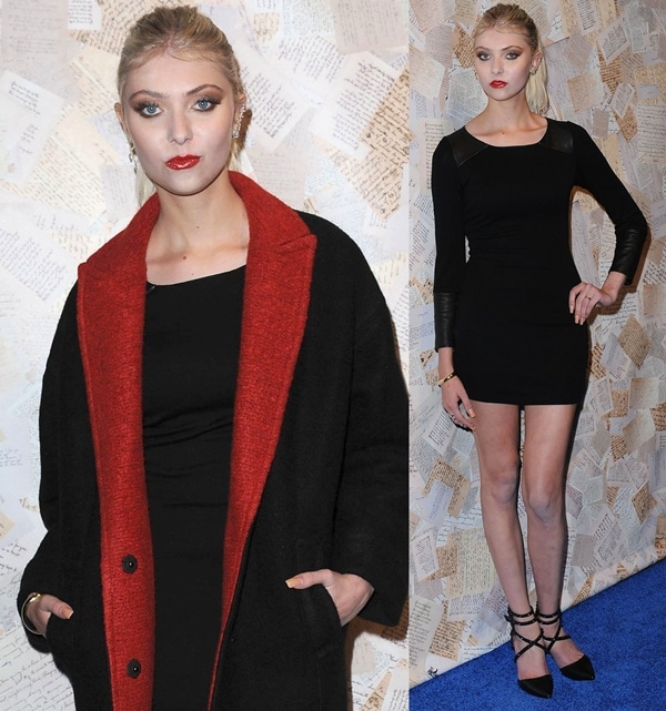 Taylor Momsen stuns in a chic black mini dress with leather accents, paired with strappy heels and a bold red lip for a sleek, edgy look