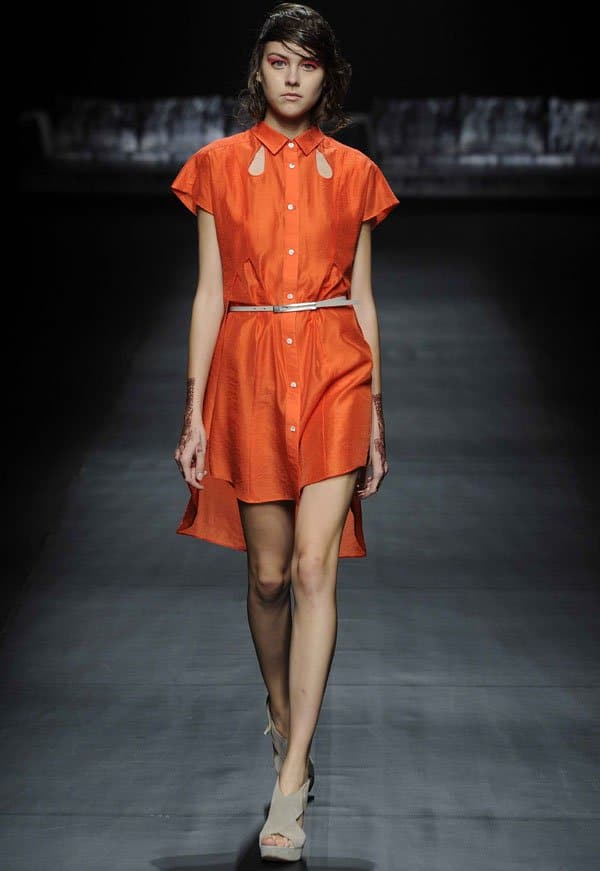 Models display creations of Japanese designer Yu Amatsu during the A Degree Fahrenheit 2014 spring/summer collection in Tokyo on October 15, 2013 as a part of Tokyo Fashion Week