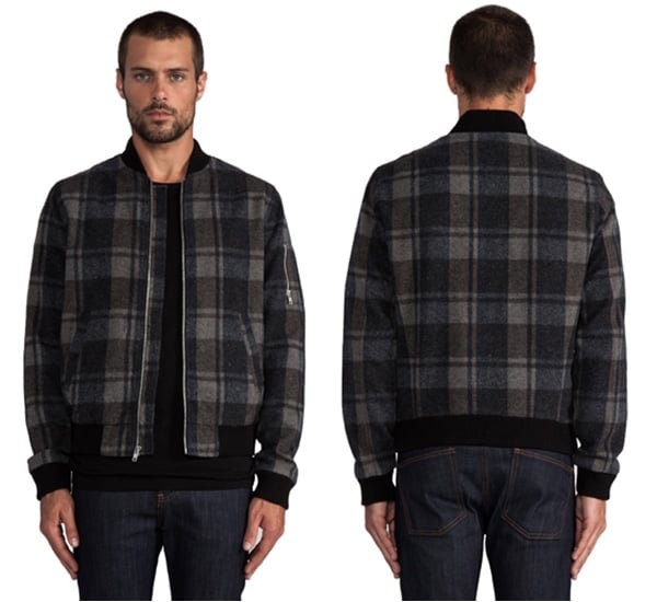 AG Adriano Goldschmied Bomber Jacket in Charcoal Brown Plaid
