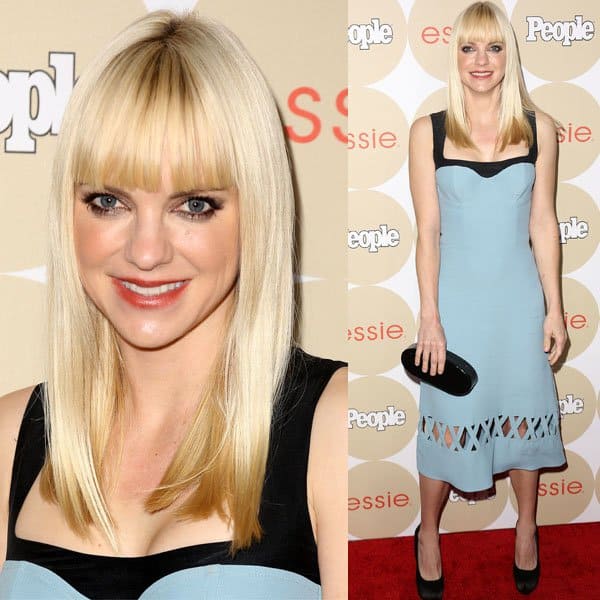 Anna Faris in a downgraded version of Giulietta's runway dress with intricate black beading on the straps and lattice cutouts on the skirt
