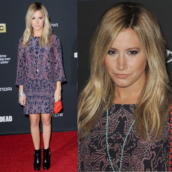 Ashley Tisdale wearing a cathedral-print dress from Sam & Lavi at the premiere of 'The Walking Dead' season four