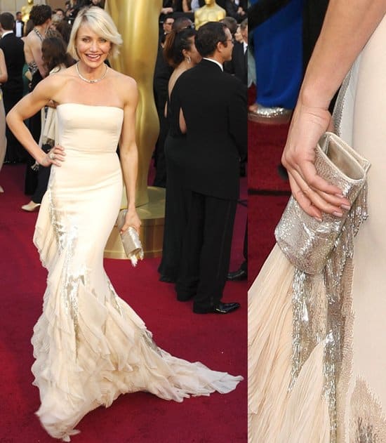 Cameron Diaz stuns at the 84th Annual Academy Awards in a strapless ivory gown with cascading ruffles and metallic embellishments, paired with a shimmering clutch and elegant jewelry