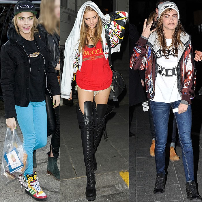 Cara Delevingne in designer parody clothes