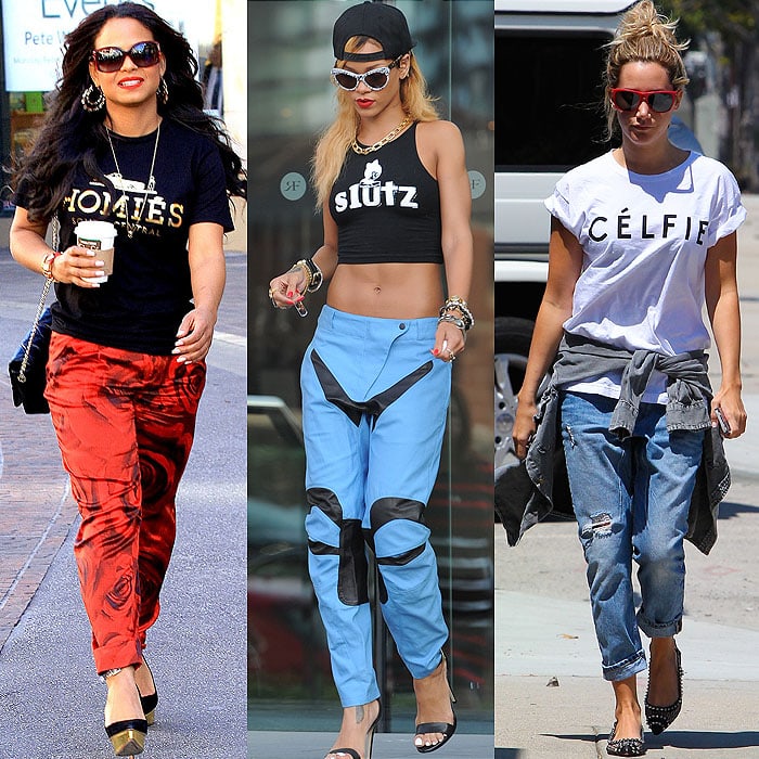 Celebrities in designer parody clothes