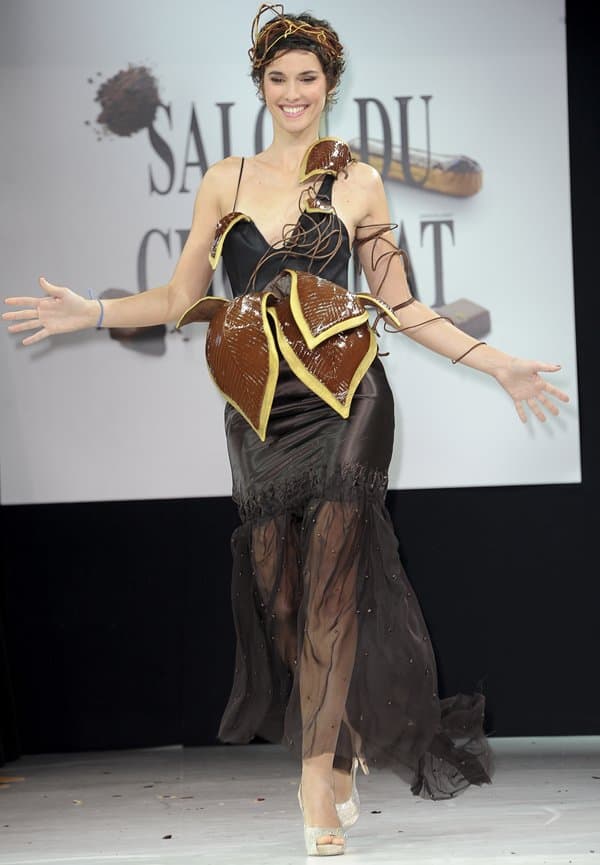 Model wearing a playful chocolate dress at the 2013 Chocolate Fashion Show