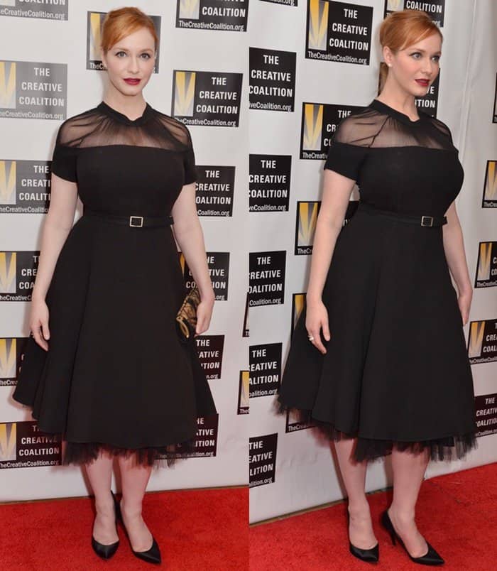 Christina Hendricks wearing a black belted dress at The Creative Coalition's Inaugural Ball for the Arts at the Harman Center for the Arts in Washington DC.