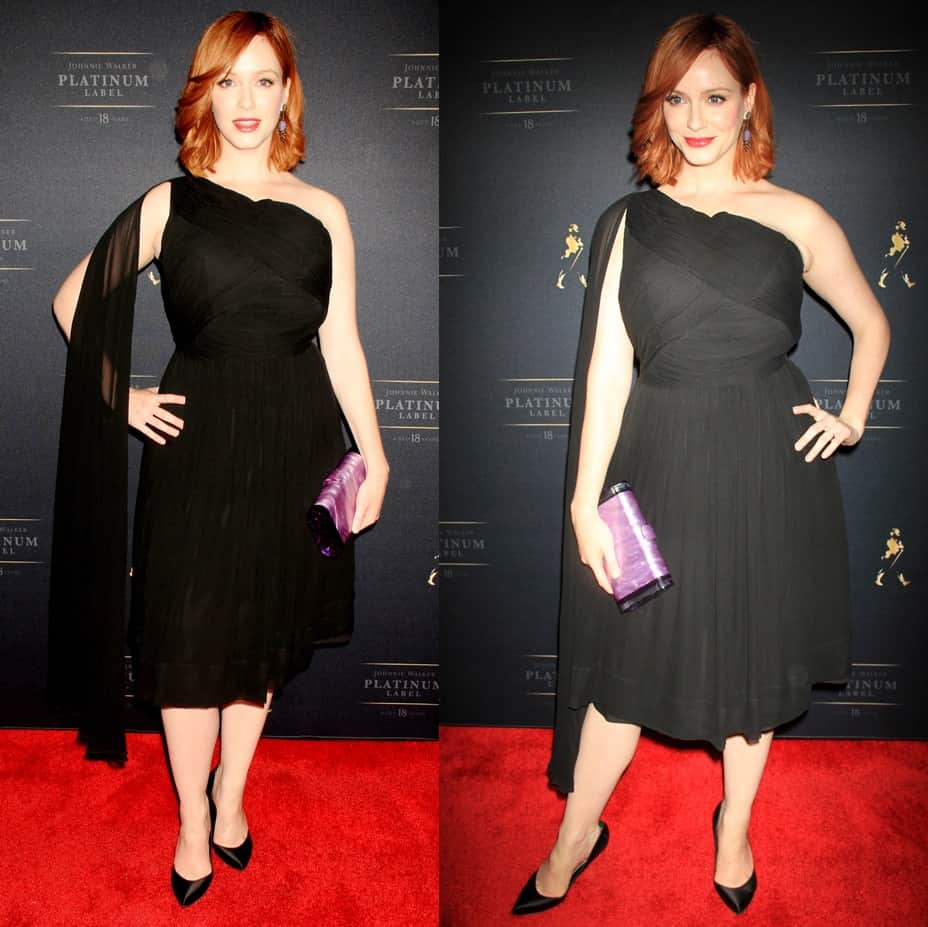 Christina Hendricks at the Johnny Walker Platinum Label launch event in New York City, wearing a black one-shoulder dress and holding a purple clutch in New York City on October 2, 2013