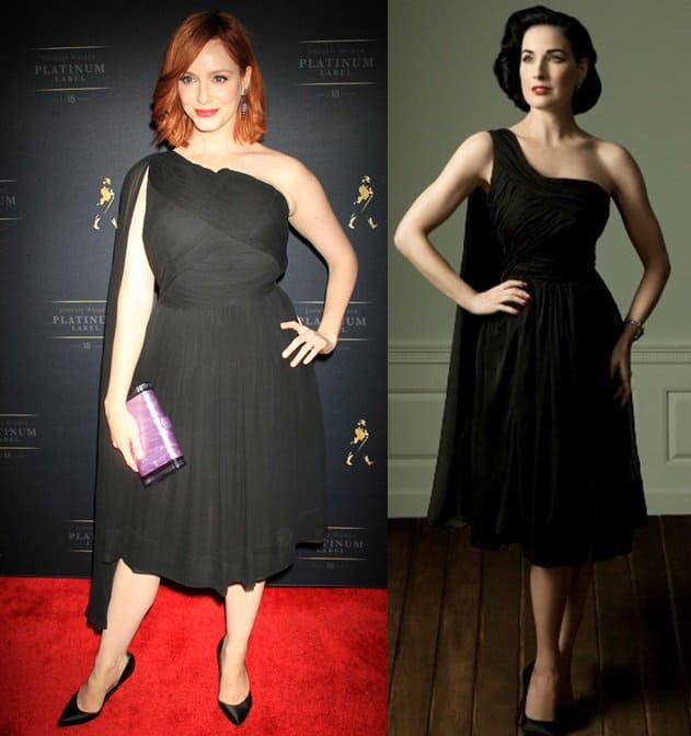 Christina Hendricks and Dita von Teese both stun in the same elegant black one-shoulder dress
