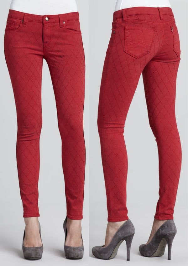 D-ID Denim Quilted-Stitching Skinny Jeans in Red