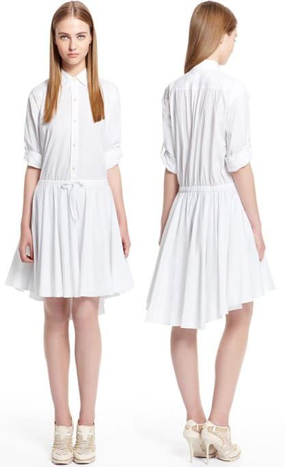 DKNY Stretch Cotton Poplin L-S Shirt Dress with Drawstring Waist and Transformer