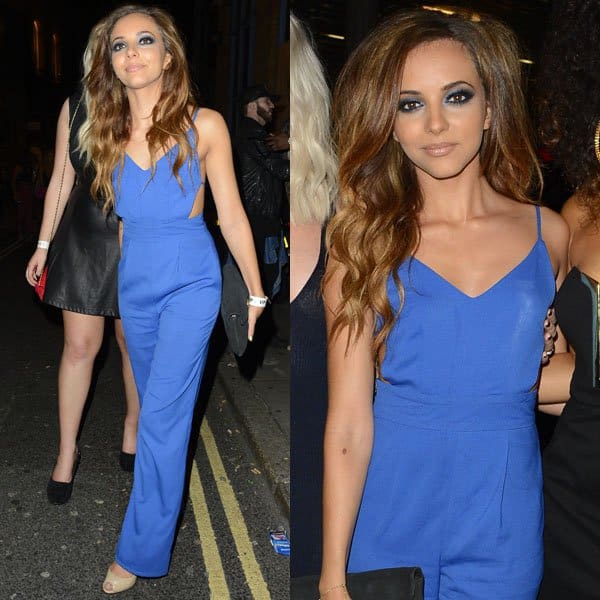 Jade Thirlwall in a bright blue high-waisted cutout jumpsuit by Jovonna London, paired with nude patent peep-toe pumps from Carvela Kurt Geiger and a black suede clutch from River Island