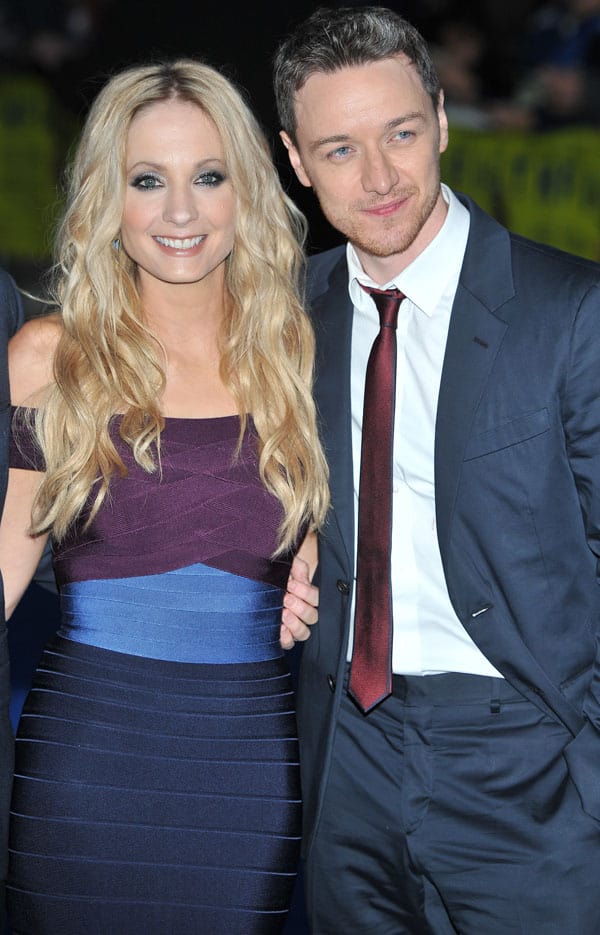 James McAvoy and Joanne Froggatt, showcasing their notable height difference, attend the London premiere of "Filth" at the Odeon West End on September 30, 2013, in London, England