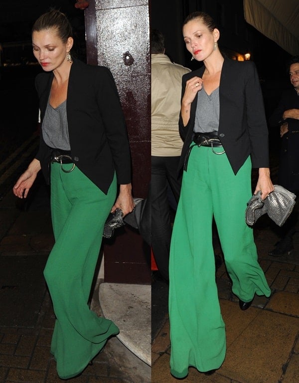 Kate Moss made heads turn when she stepped out for a night out in London wearing a pair of bright green palazzo pants