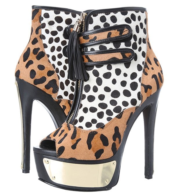 Keyshia Cole x Steve Madden "Suppa" Booties, featuring mixed animal prints and gold-tone-plated platforms