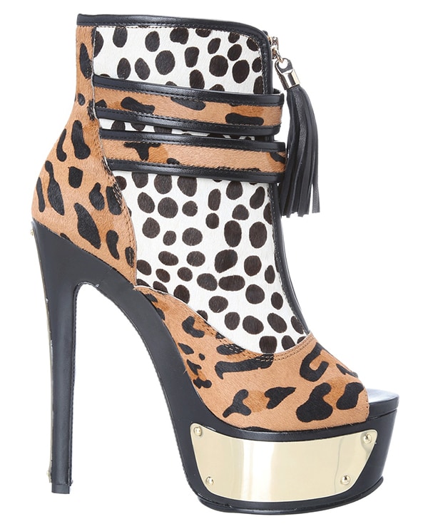 Keyshia Cole x Steve Madden "Suppa" Booties, featuring mixed animal prints and gold-tone-plated platforms