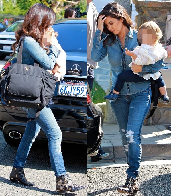 Kourtney Kardashian in Beverly Hills on October 23, 2013, wearing a Kardashian Kollection denim shirt, Chloe Suzanna booties, and an Hermes tassel keychain in black