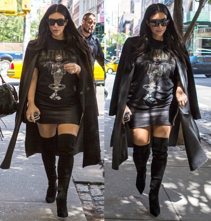 On September 11, 2015, during New York Fashion Week, Kim Kardashian showcased her style prowess while heading out for dinner with a friend in Soho, effortlessly pairing a long black coat, black knee-high boots, and a Metallica t-shirt