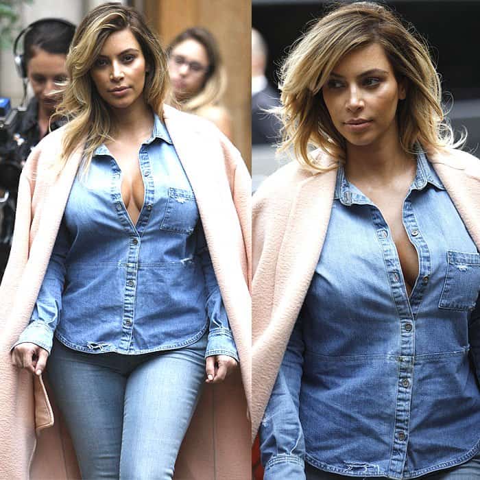 A closer look at Kim Kardashian’s effortlessly chic double-denim ensemble at Paris Fashion Week, featuring a distressed denim shirt, light-wash jeans, and a draped peach Celine coat for a polished yet relaxed vibe