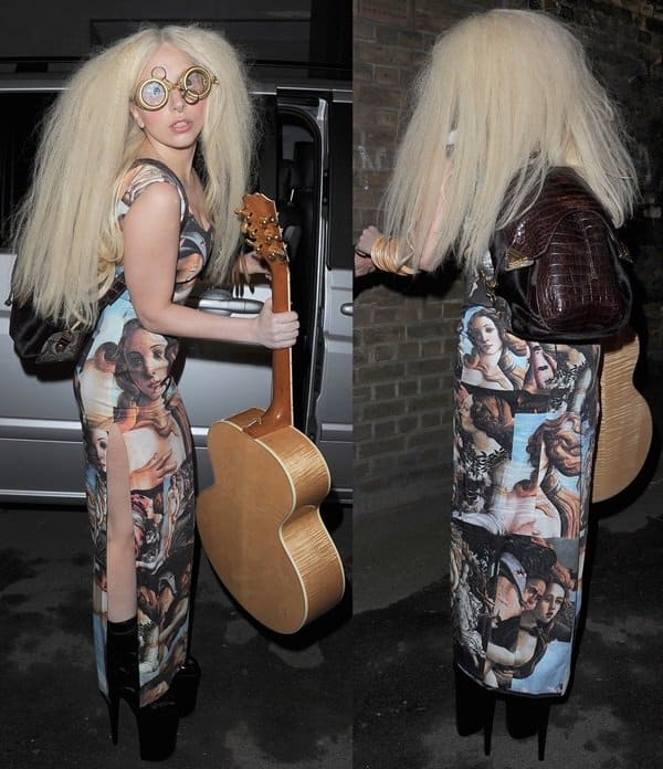 Lady Gaga is seen leaving her hotel in London with a guitar