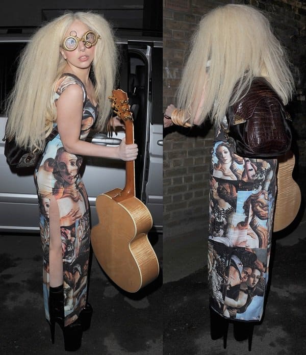 Lady Gaga leaves her London hotel with a guitar, showcasing her unique style