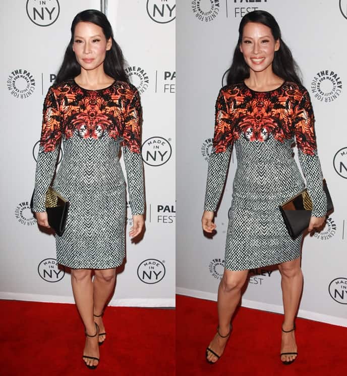 Lucy Liu wore a mixed print dress by Roberto Cavalli