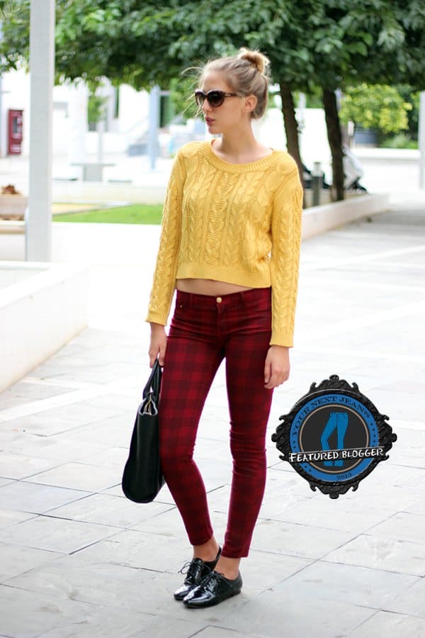 Marta shows how tartan pants can be effortlessly teamed up with a knitted sweater and oxfords
