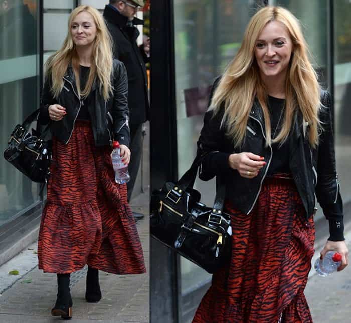 Fearne Cotton wears a printed maxi dress with a leather jacket
