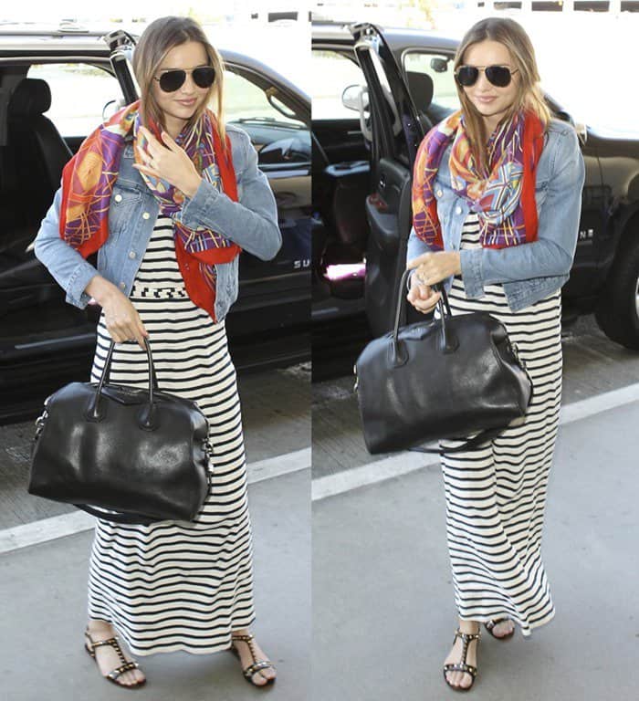 Miranda Kerr wearing a striped maxi dress at LAX airport