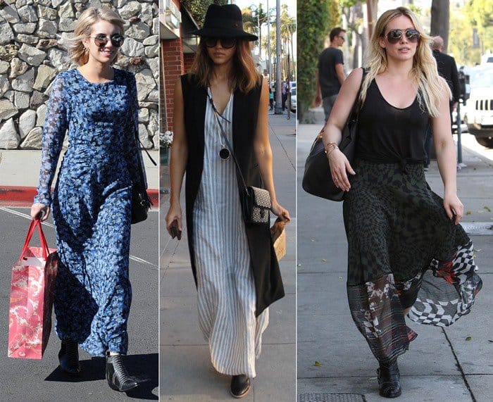 Celebrities showing how to wear boots with a maxi dress