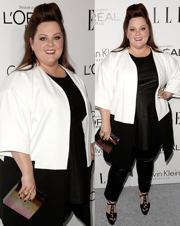 Melissa McCarthy did well by choosing a black leather top with black pants under a pretty black-and-white coat