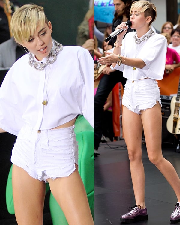 Miley Cyrus performing (with her rear exposed) on The Today Show at Rockefeller Plaza in New York on October 7, 2013